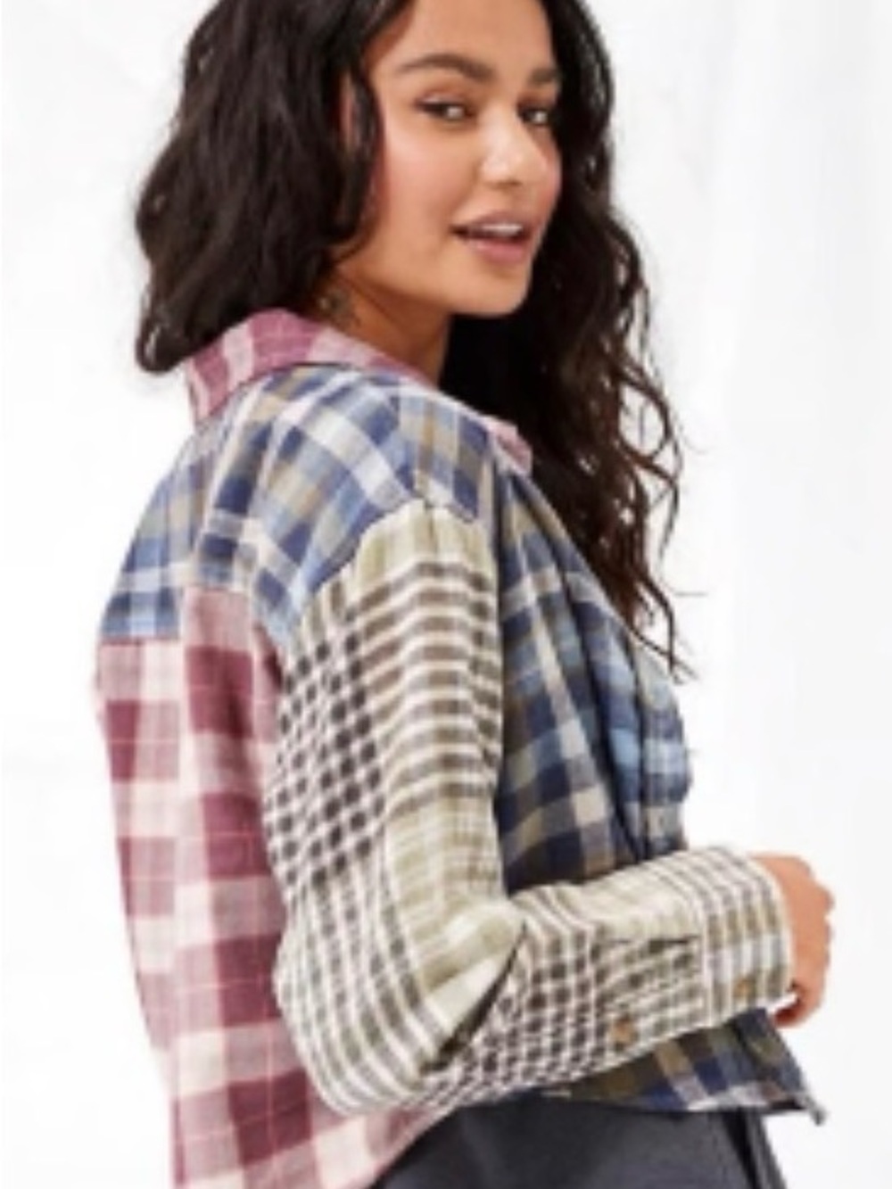 American Eagle Outfitters Cozy Cabin Cropped Patchwork Plaid Flannel Shirt